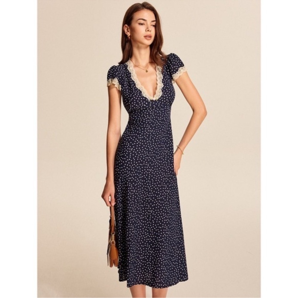 Commense Polka Dot Lace Trim V-Neck Dress